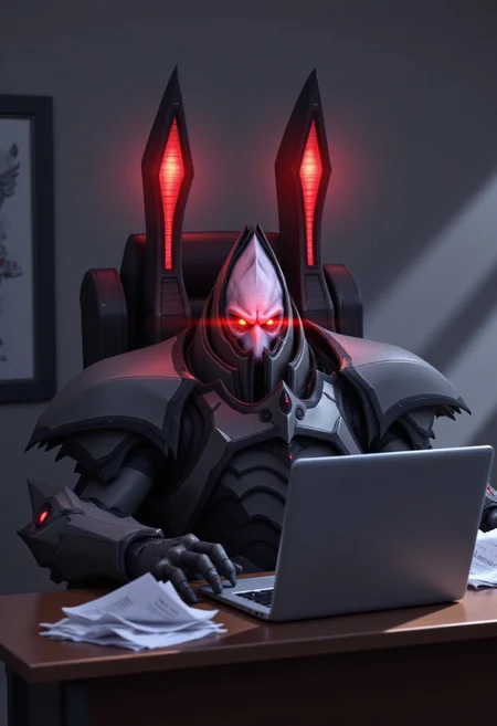 Picture of Alarak, a mouthless protoss alien in his iconic armor, two red lights coming from the back of his armor, he's in a office setting, sitting in front of a laptop, piles of papers are besides his keyboard, he seems to be working