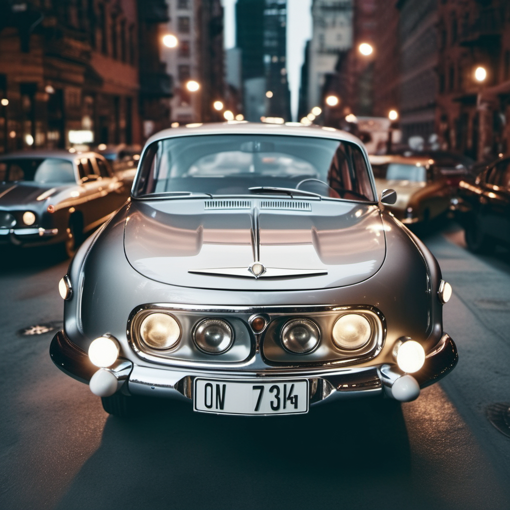 cinematic photo photo car shiny chrome silver platinum tatra603, fron view,  in dystopian newyork, ((masterpiece)) evening  <lora:Tatra603-SDXL:1> . 35mm photograph, film, bokeh, professional, 4k, highly detailed