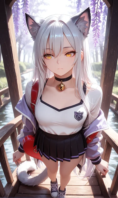 masterpiece,best quality,amazing quality,absurdres,catgirl, kemonomimi, mature woman, mid-20s, silver hair, waist-length hair, lavender undertones, golden eyes, slit pupils, ash-gray cat ears, medium cattail, pale skin, soft glow, confident expression, elegant, fantasy style,small breasts,no human ears, ears behind hair, visible choker with cat bell, BREAK, catgirl standing with back turned to camera, head slightly turned to the side, long silver hair flowing down her back, ash-gray cat ears peeking through, long fluffy tail in view, soft confident posture, mature body shape, small bust, golden eyes looking over shoulder, kemonomimi, elegant style
, BREAK, Pastel varsity jacket over a pleated mini skirt, with high-top sneakers and a heart-shaped backpack slipping off one shoulder.
<lora:cfg_scale_boost:1> <lora:add_detail:1> Peaceful riverside with weeping willow trees and a wooden bridge, :|,