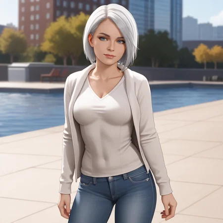 <lora:silversableps4_pony_v1:.75> SilverSablePS4, 1girl, solo, short hair, white hair, breasts, cowboy shot, sweater, jeans