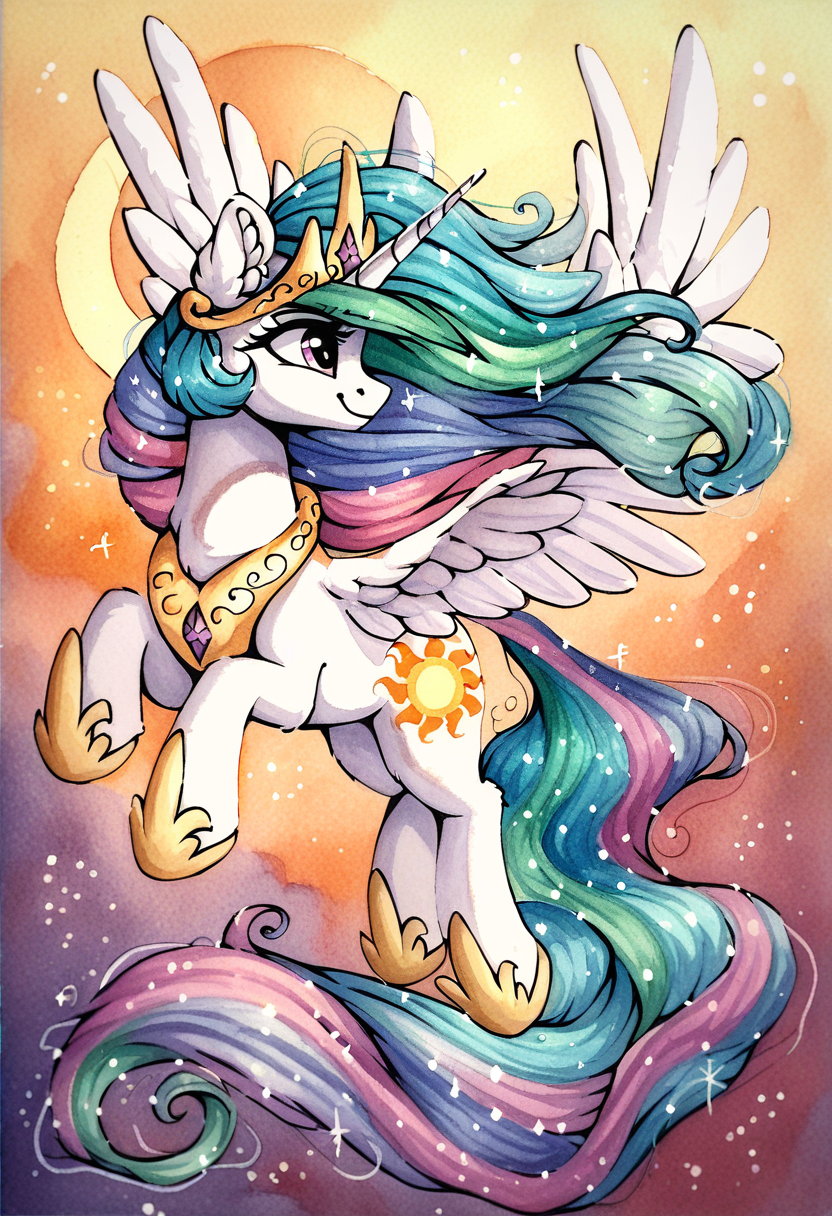 score_9, score_8_up, score_7_up, score_6_up, score_5_up, score_4_up, rating_safe, princess celestia, alicorn, female, mare, pony, solo, cute, cutelestia, flying, g4, jewelry, windswept mane, wings, regalia, ear fluff, sweet dreams fuel, abstract background, smiling, spread wings, watercolor painting, traditional art, detailed, beautiful, <lora:MLP_Watercolor_Painting_v1-000006:1>