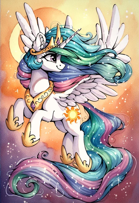 score_9, score_8_up, score_7_up, score_6_up, score_5_up, score_4_up, rating_safe, princess celestia, alicorn, female, mare, pony, solo, cute, cutelestia, flying, g4, jewelry, windswept mane, wings, regalia, ear fluff, sweet dreams fuel, abstract background, smiling, spread wings, watercolor painting, traditional art, detailed, beautiful, <lora:MLP_Watercolor_Painting_v1-000006:1>