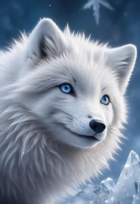 A close-up of a majestic Arctic fox with thick, fluffy fur, its nose delicately touching a glimmering snowflake as it falls from the sky, capturing the reflection of icy blue light in its curious eyes, soft focus on the fur, highly detailed textures of the snowflake, cinematic lighting.