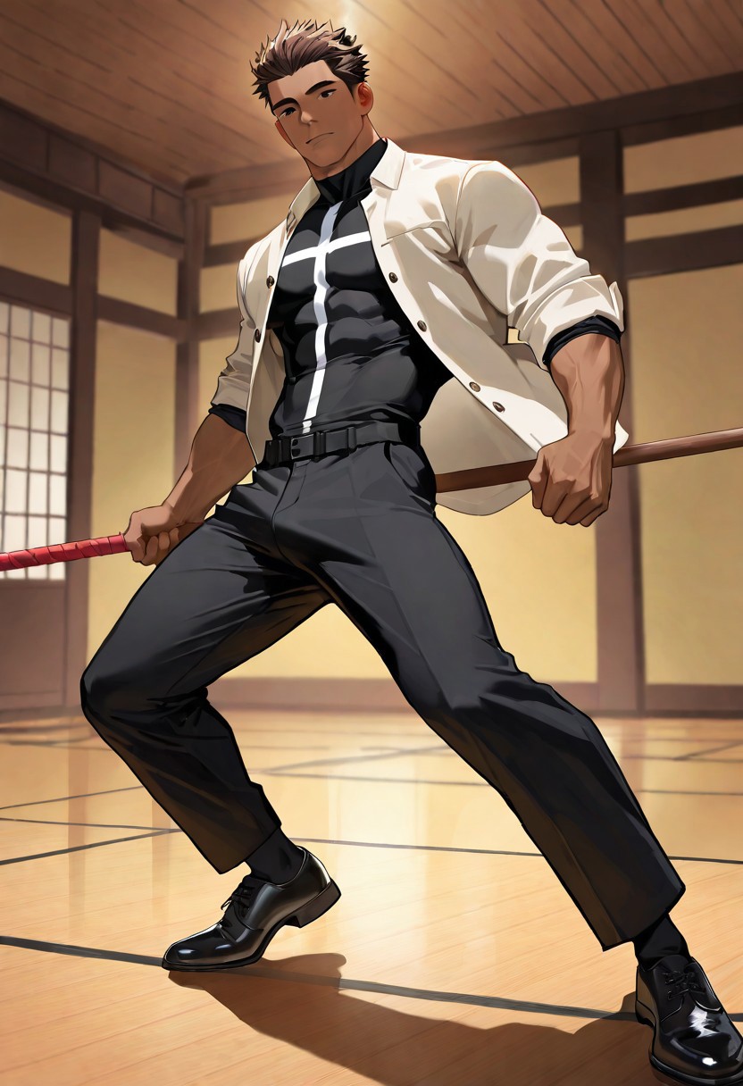 very awa, masterpiece, best quality, absurdres, newest, perfect quality, intricate details, realistic,
solo, male focus,
brown hair, ((slicked back hair)), (spiky hair),
brown skin, toned body, lithe body, wide shoulders, 
black eyes, 
(black undershirt with solid white cross print), (huge white cross print),
(plain white polo jacket), (rolled up sleeves), open jacket,
black trousers, black dress shoes,
wooden bo staff,
dojo, onlookers, 
dynamic lighting, dynamic angles, full body portrait, dynamic pose
