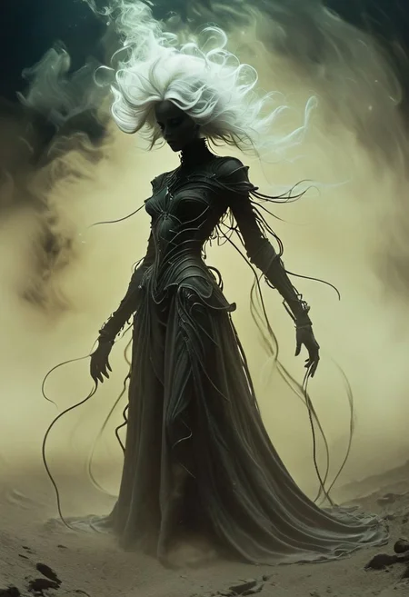 Wired-cyborg Grignani, baroque, hkmagic nature-element Made of black dust performing stealthy acrobatic move, glistening silk, 3d animated movie still, mysterous villain, vaporous swirls, A earth-bender princess made from DARK soil and dusty earth, skeletons ☠️💀 made of black smoke by the 1 group Natural earthy themed in the style of a Spiritual extravagante wizard, Real skin Details, imperfect skin, outworn, Made of bold perfect lines, Grignani, Made of lines, Striped, bold lines, mechanical parts, wires, cables, Closeup, cinematic composition, atmospheric haze, very detailed, medium grain, otherworldy sandy Landscape backdrop, vibrant colors,