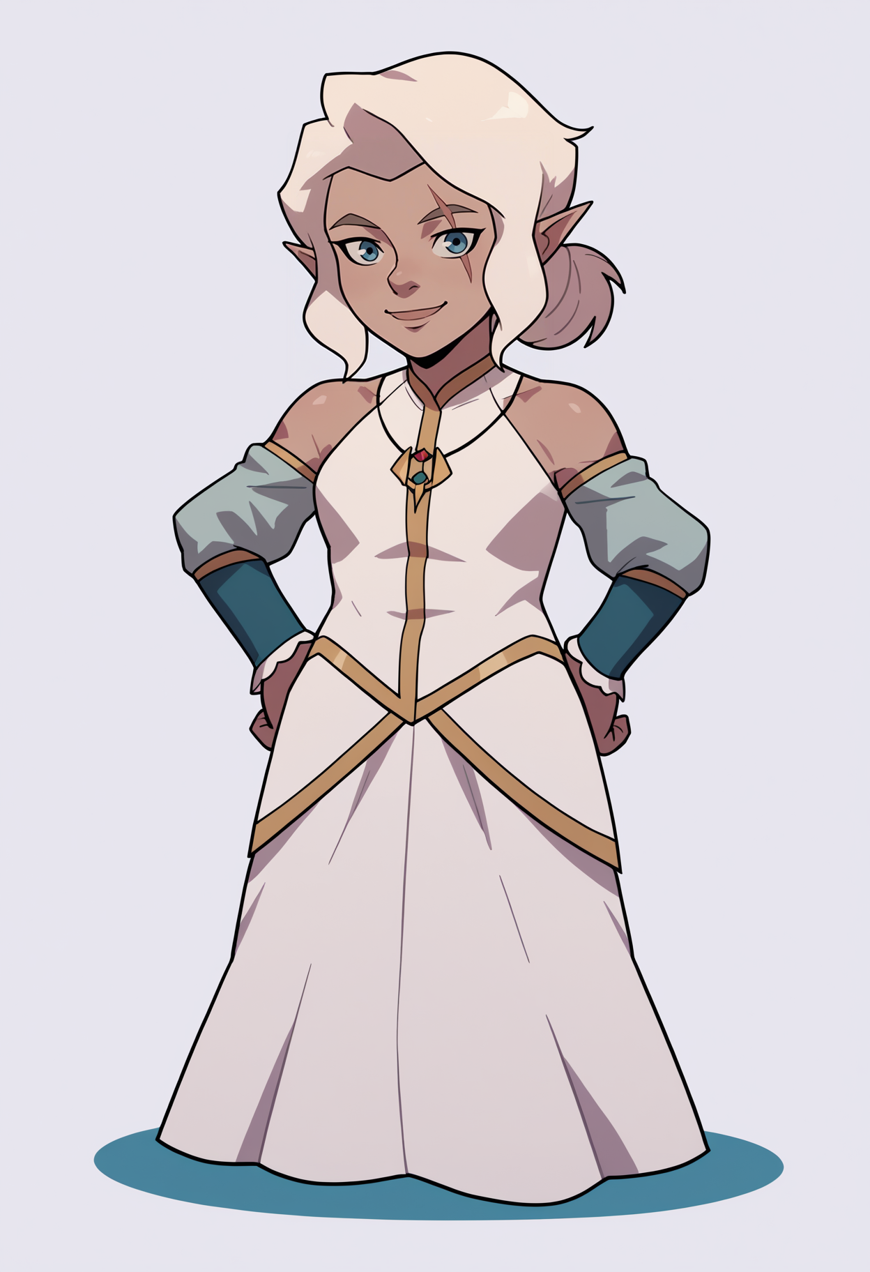 score_9, score_8_up, score_7_up, BREAK,
1girl, pike, white hair, ponytail, blue eyes, scar across eye,
pointy ears, gnome,
necklace,
white dress, dress, detached sleeves, bare shoulders,
hands on hips, full body, standing, smile, solo, looking at viewer, simple background, white background    <lora:PikeTrickfootPDXL_byKonan:1>