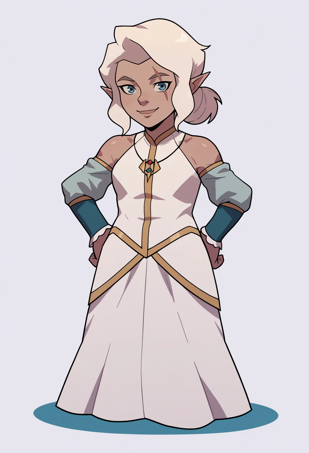score_9, score_8_up, score_7_up, BREAK,
1girl, pike, white hair, ponytail, blue eyes, scar across eye,
pointy ears, gnome,
necklace,
white dress, dress, detached sleeves, bare shoulders,
hands on hips, full body, standing, smile, solo, looking at viewer, simple background, white background <lora:PikeTrickfootPDXL_byKonan:1>