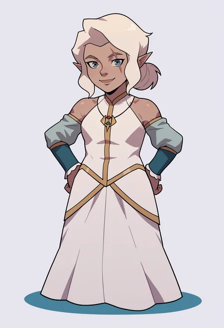 score_9, score_8_up, score_7_up, BREAK,
1girl, pike, white hair, ponytail, blue eyes, scar across eye,
pointy ears, gnome,
necklace,
white dress, dress, detached sleeves, bare shoulders,
hands on hips, full body, standing, smile, solo, looking at viewer, simple background, white background <lora:PikeTrickfootPDXL_byKonan:1>