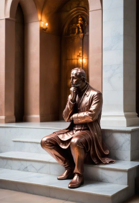 a copper statue portraying a wise man sitting on stairs, bleak, hands on chin, thinking, hopeless, depressing, enshrined in an alcove, marble church background
BREAK
CivChan