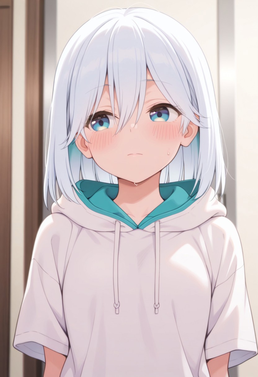 masterpiece,best quality,amazing quality, amagami asahi, blue-white hair, blue eyes, 1girl, solo, blush, hood, hoodie, hair between eyes, closed mouth, upper body, short hair, short sleeves
