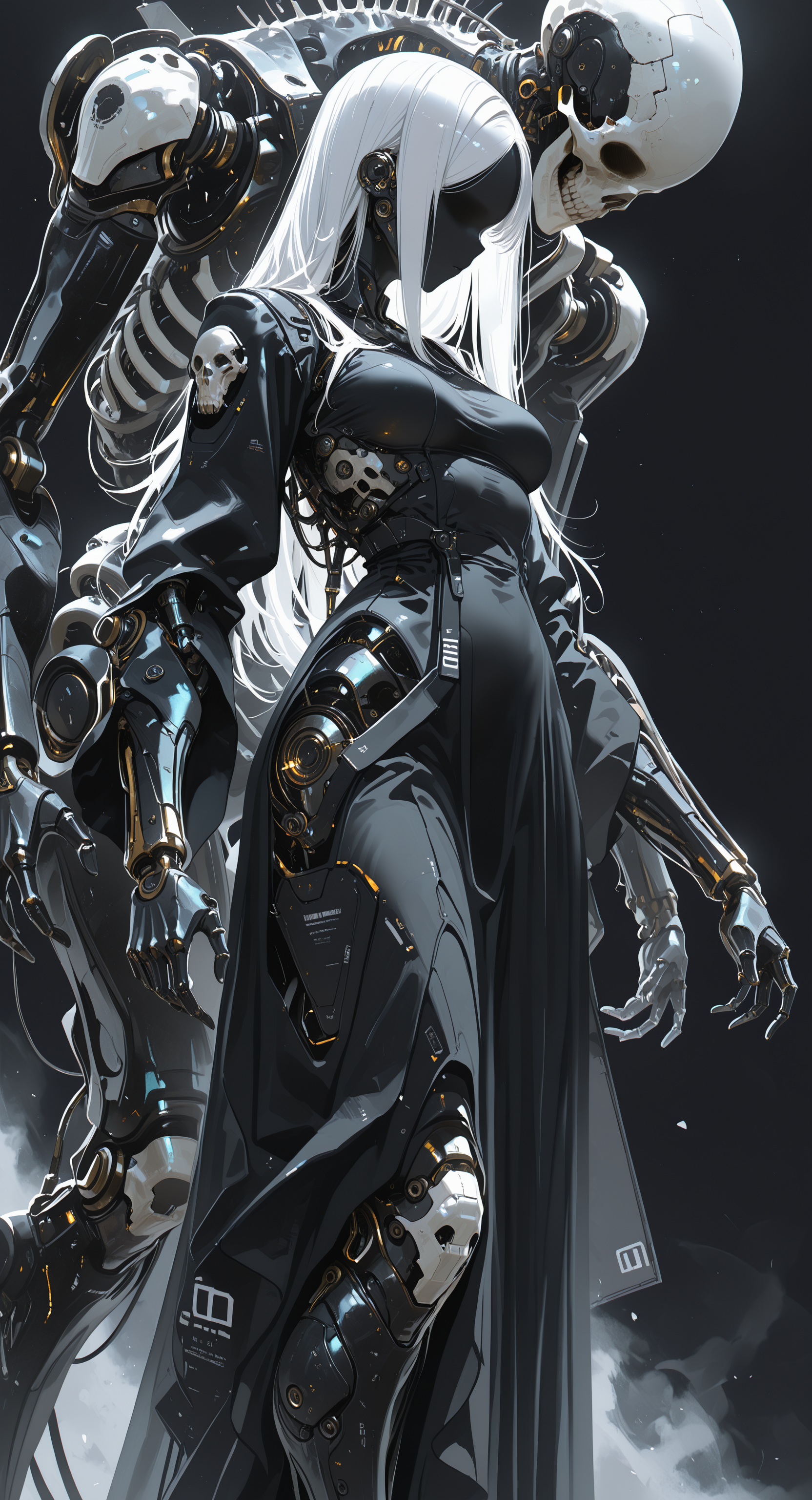 masterpiece, best quality, good quality, very awa, newest, highres, absurdres, 1girl, solo, long hair, dress, medium breasts, white hair, black dress, feet out of frame, robot, faceless, science fiction, skull, long dress, joints, mechanical arms, no eyes, cyborg, skeleton, robot joints, faceless female, mechanical parts, mechanical legs,
dynamic pose,
, limited palette, h4ra_illu <lora:illustriousXL_stabilizer_v1.23:0.3> <lora:NOOB_vp1_detailer_by_volnovik_v1:0.3> <lora:ponyv6_noobE11_2_adamW-000017:0.3> <lora:114558v4df2fsdf5:0.6> <lora:XXX667:0.4> <lora:-_iLL_-_the_edgy_mech_V2.0-:0.8>