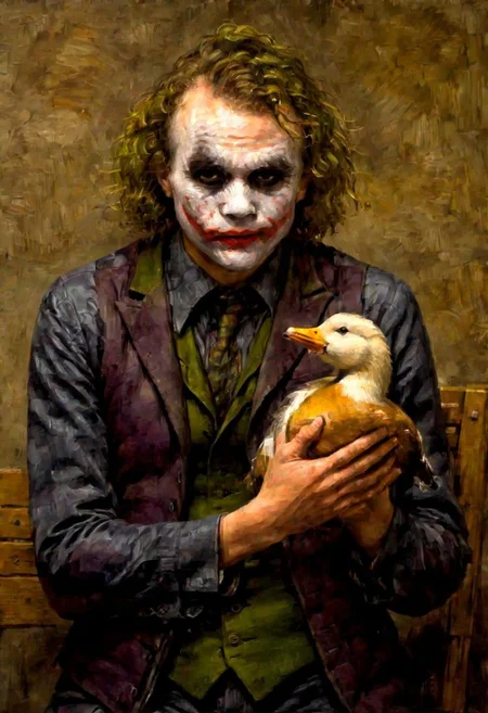r3mbr4ndt, PEJoker, (old dark sharp fuzzy oil painting medium brush strokes:1.1) portrait of (The Joker:1.5), (holding a duck:1.5), green hair, rich textures, realistic facial expression, high detail, moody, vintage, brush strokes, oil paint, old canvas texture, Rembrandt Lighting Style