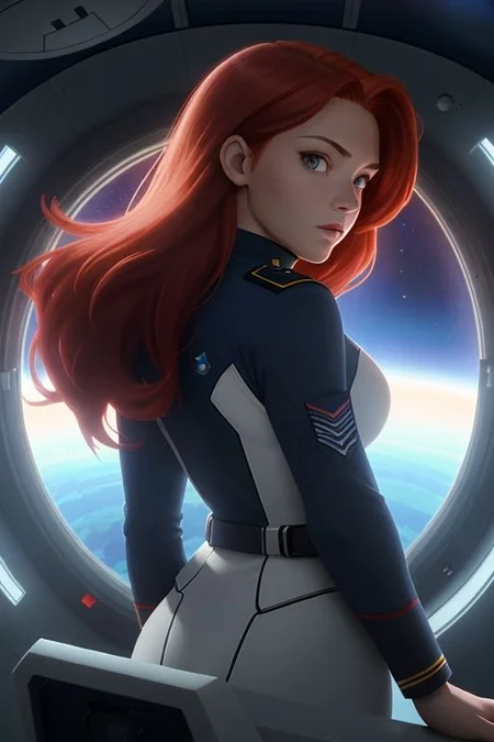 space ship observation deck, large window, in space, earthlike planet in sunlight in background, single woman front center, red hair, looking into the distance, navy uniform, uniform with white trim, back light, rim light