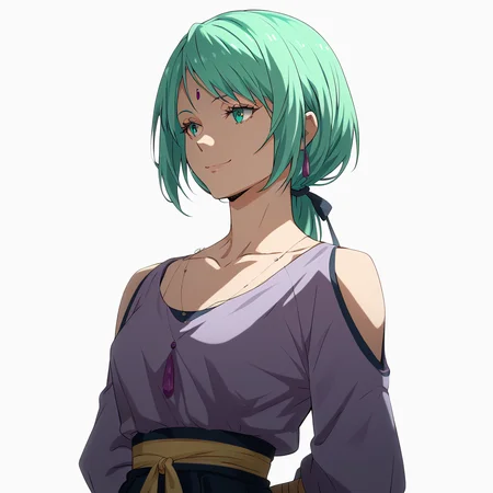 <lora:SlimesMjur:1>, score_9, score_8_up, score_7_up, slimes_mjur, turquoise hair, woman, portrait, hands behind back, waist up shot, smiling