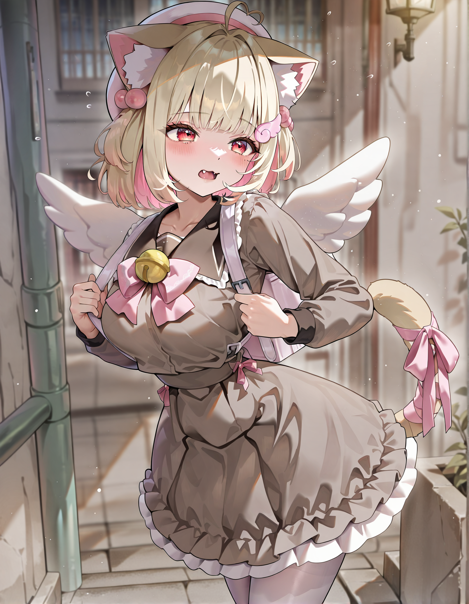 masterpiece, perfect quality, best quality, absolutely eye-catching, absurdres, highres, newest,  <lora:nekomakarinillustriousXL:1>, 1girl, nekomakarin, beret, backpack, cowboy shot, dynamic pose, fang,