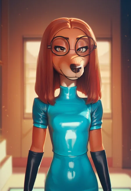 zPDXL, score_9,score_8_up,score_7_up,_up, best quality, amazing quality, masterpiece, 1girl, looking at viewer, solo, fullbody, seductive smile, suki lane, <lora:SukiLane-03:0.8> , dog girl, animal ears, animal nose, brown eyes, brown hair, brown fur, black tight latex dress, black latex gloves, indoors, in a room, standing, contour_deepening,depth of field, huge filesize,wallpaper,background,(flat color), pixelsketcher, <lora:pixelsketcher:1.2>