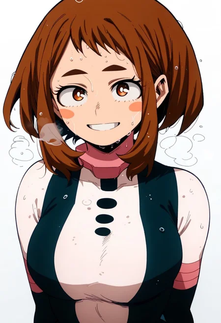 flatshinyskin, score_9, score_8_up, score_7_up , 1girl, 1girl, mosaic censoring, smile, slight seductive pose,, medium breasts, sweating, breasts,, long skirt, 1girl, solo focus, Upper body, hands behind back,  wet, sweaty, sweating, steam
ochako_uraraka, 1girl, score_9, score_8_up, score_7_up, brown hair, brown eyes, white pupil, blush stickers, bodysuit, simple background, solo focus, perfect body, curvey, thick waist, thick body, skin tight dress, , front view, front focus, looking at viewer, seductive expression, smile, teeth,  ANIMESTYLE