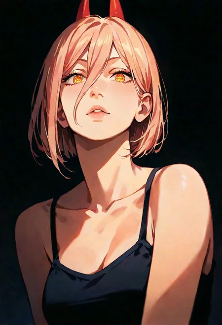 1girl,, lips, thin lips, parted lips, solo, looking at viewer, camisole, upper body, dark, underlightling, masterpiece, best quality, very aesthetic, bob haircut, power \(chainsaw man\)