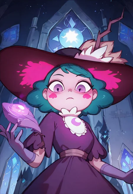 score_9, score_8_up, score_8, Eclipsa Butterfly, green hair, short hair, purple eyes, dark red sun hat with feathers and branch, white cravat, purple dress, light purple gloves,
upper body, closed mouth, in castle, vivid colors, glowing red spade blush stickers, looking down, from below, night,