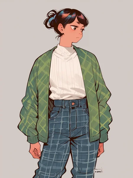 score_9, score_8_up, score_7_up, score_6_up, score_5_up,   <lora:tomidoronXLP:1> tomidoron, plaid pants, 1girl,