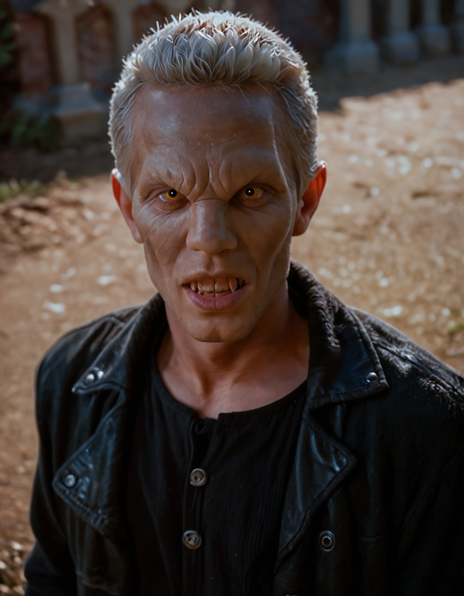 score_9,score_8_up,score_7_up,vmp,1boy,spike,white hair,leather jacket,realistic skin,From above,portrait,yellow eyes,teeth,fangs,solo focus,looking at viewer,photo,realistic,dramatic lighting,chiaroscuro,depth of field,cinematic,cemetery,standing