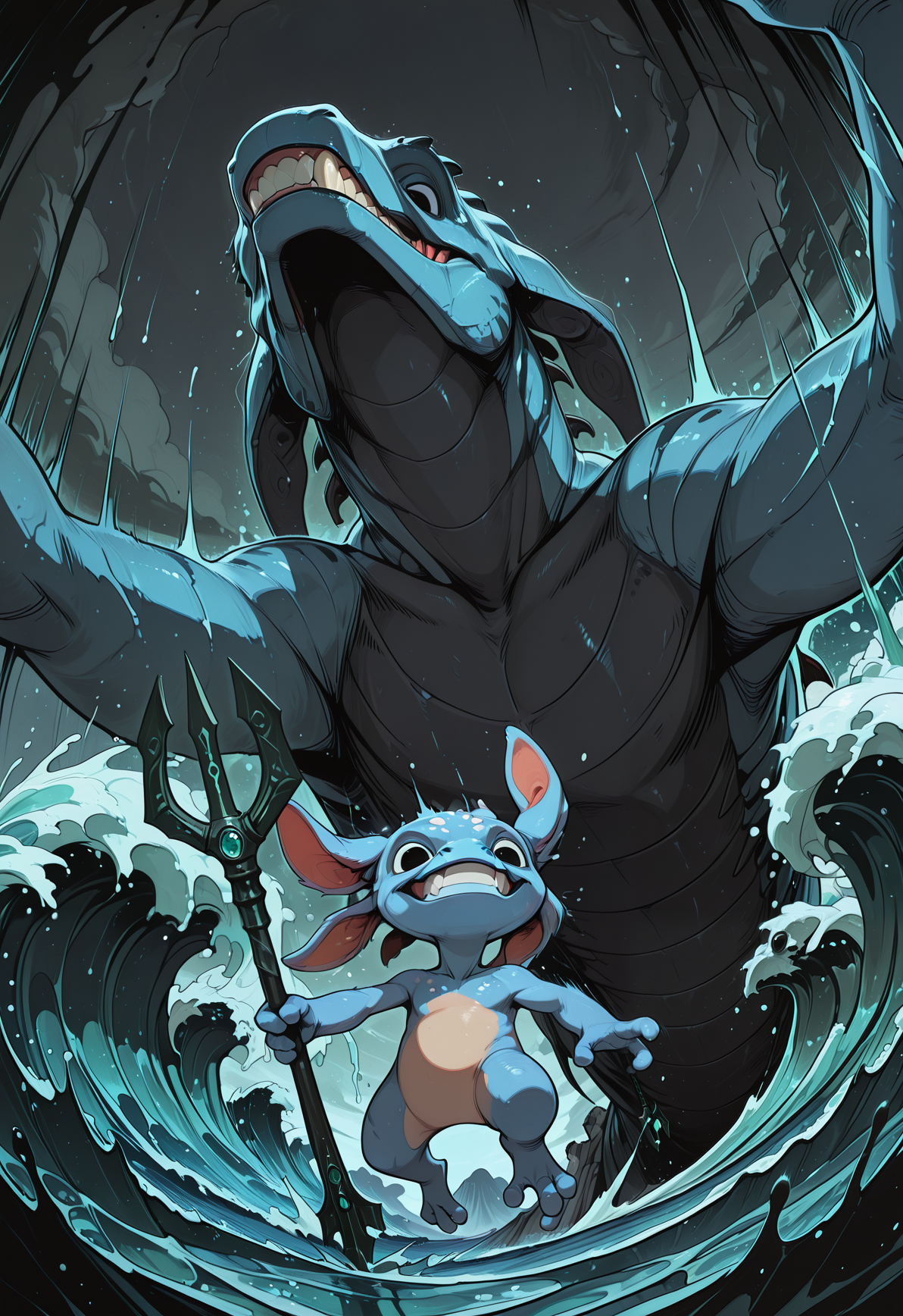 embedding:IllusP0s, codex sss chroma, dynamic angle, low angle view, from below, wide shot,
BREAK
(1boy, fizz, yordle, amphibian, blue skin, holding one trident, mischievous grin, jumping in foreground:1.2)
BREAK
a giant prehistoric shark, megalodon, animalistic, scarred grey hide, soulless black eyes, rows of serrated teeth, jaws wide open in a roar, emerging from the depths behind fizz, no arms, no legs, summoning, magic, water splash, waves, sea surface, foam, ocean, water
BREAK
stormy sky, dark clouds, dramatic shadows, motion blur, school of fish fleeing, sunken ship in background