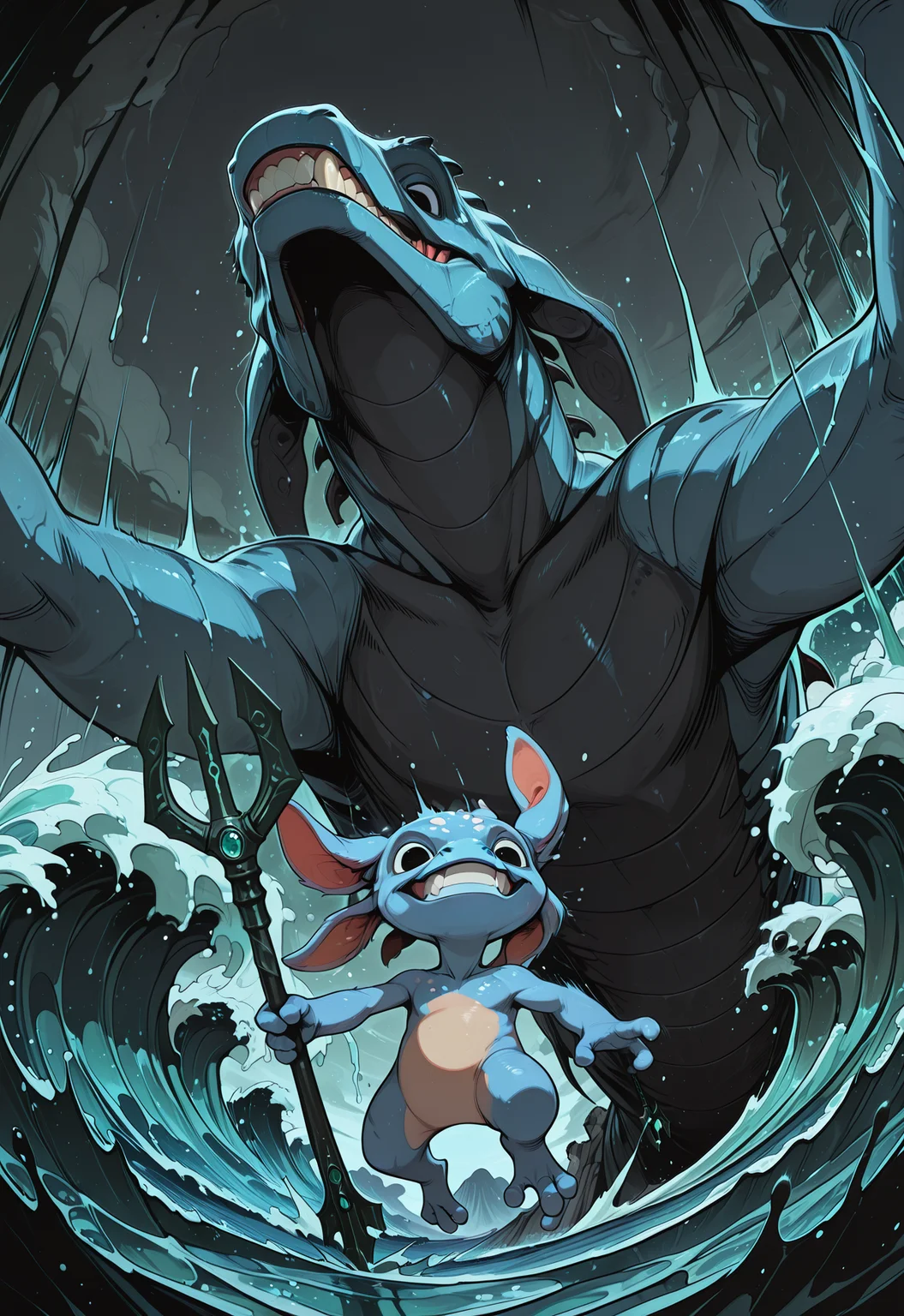 embedding:IllusP0s, codex sss chroma, dynamic angle, low angle view, from below, wide shot,
BREAK
(1boy, fizz, yordle, amphibian, blue skin, holding one trident, mischievous grin, jumping in foreground:1.2)
BREAK
a giant prehistoric shark, megalodon, animalistic, scarred grey hide, soulless black eyes, rows of serrated teeth, jaws wide open in a roar, emerging from the depths behind fizz, no arms, no legs, summoning, magic, water splash, waves, sea surface, foam, ocean, water
BREAK
stormy sky, dark clouds, dramatic shadows, motion blur, school of fish fleeing, sunken ship in background