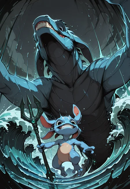 embedding:IllusP0s, codex sss chroma, dynamic angle, low angle view, from below, wide shot,
BREAK
(1boy, fizz, yordle, amphibian, blue skin, holding one trident, mischievous grin, jumping in foreground:1.2)
BREAK
a giant prehistoric shark, megalodon, animalistic, scarred grey hide, soulless black eyes, rows of serrated teeth, jaws wide open in a roar, emerging from the depths behind fizz, no arms, no legs, summoning, magic, water splash, waves, sea surface, foam, ocean, water
BREAK
stormy sky, dark clouds, dramatic shadows, motion blur, school of fish fleeing, sunken ship in background
