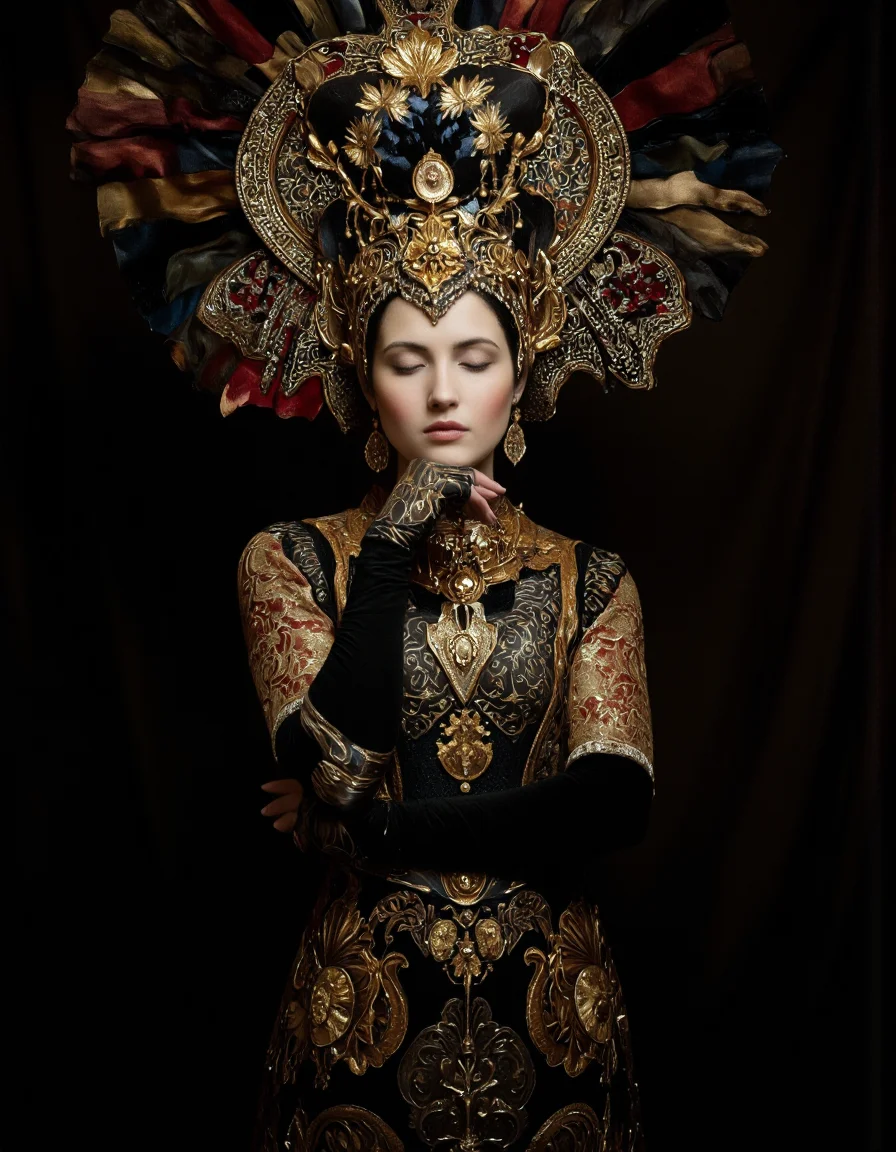 Art by Tigran Matulian. A photo-realistic shoot from a portrait camera angle about a woman wearing ornate black and gold attire with a large, ornate headdress, set against a dark background. the image also shows intricate patterns and a dramatic lighting effect. on the middle of the image, a woman appears to be in her late 20s, with pale skin, closed eyes, and a calm expression. she is wearing a black dress with intricate gold patterns, and her hand is resting on her chin. the woman is positioned in the center of the frame, with her upper body facing the viewer. her hair is styled in a way that frames her face, and she has a serene expression on her face. her eyes are closed and her lips are parted, giving a sense of calmness. her body is slim and her expression is calm. the overall mood is mysterious and alluring.