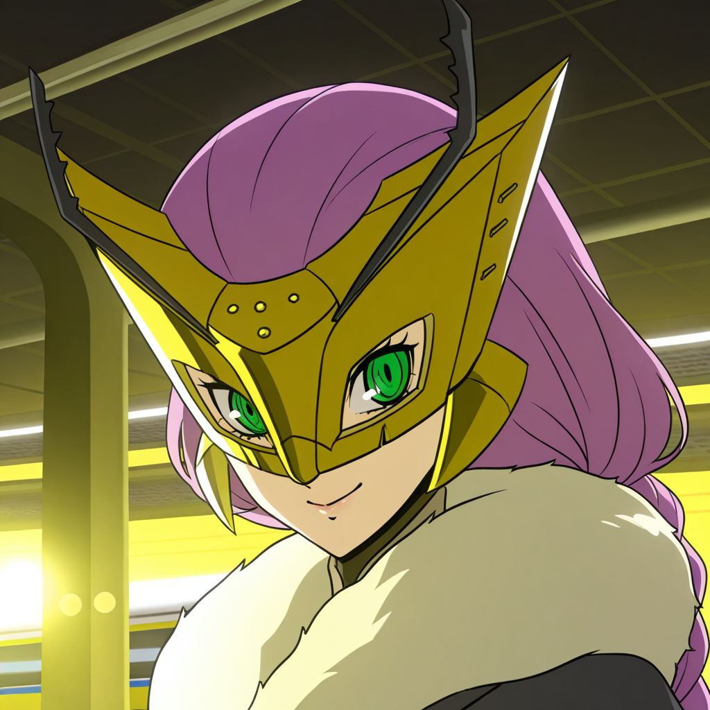 highres, best quality, masterpiece, very aesthetic, newest,1girl,solo,queenbeemon,antenna,purple hair,braided ponytail,hair ornament,green eyes, <lora:QueenBeemonIllustrious:1>,  cropped,portrait,indoors,smile,persona 5 anime screencap,HDR,DLSR,bokeh,train station,train,closed smile