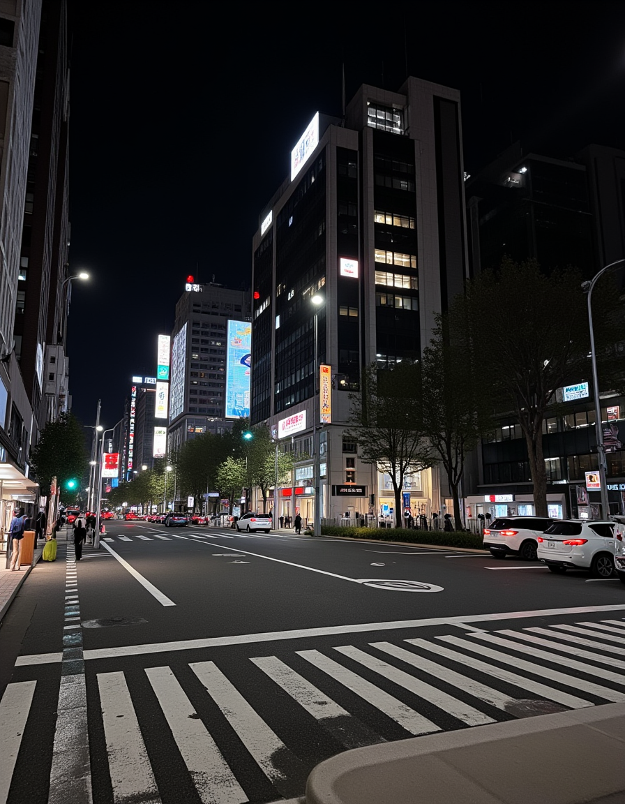 <lora:City_Worlds_01_Effects_fluxc:1> citybkg, night, ambiance, detailed, street, cars, billboards on buildings, japan, futuristic, street marking, ground view, city lights, high buildings, phot0,