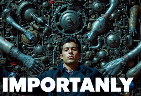 the words 'IMPORTANTLY' written in large font fills the front of frame. In the back of frame weird man with in a dark room with checkerboard blue lotus PEOPLE ARE trapped inside machinery, people crushed inside mechanical gears, high gore arms crushed and bent, signs of wailing, people in business suits trapped in machinery. floors with blood on the ground with a white interior cyber tech electricity electical circuits illuminati symbols with brains and vaginas with high technology alchemical background lightning bolts