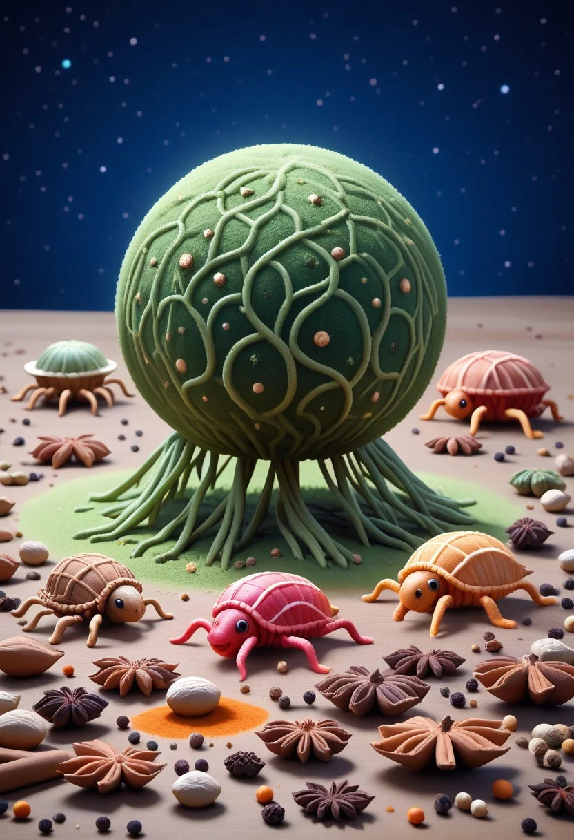 A highly detailed, vibrant strange creature made of herbs floating in space, Herbs_Morf, strange little creatures