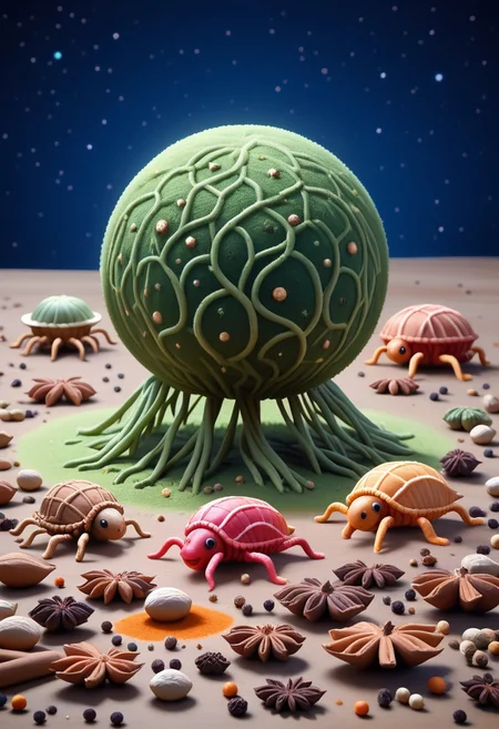 A highly detailed, vibrant strange creature made of herbs floating in space, Herbs_Morf, strange little creatures