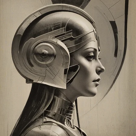 monochrome, solo, profile, female focus, realistic, traditional media, greyscale, portrait, science fiction, from side, helmet, ArsMJStyle, ArtDecoVintageFuture <lora:ArsMJStyle_-_Vintage_Future:1>