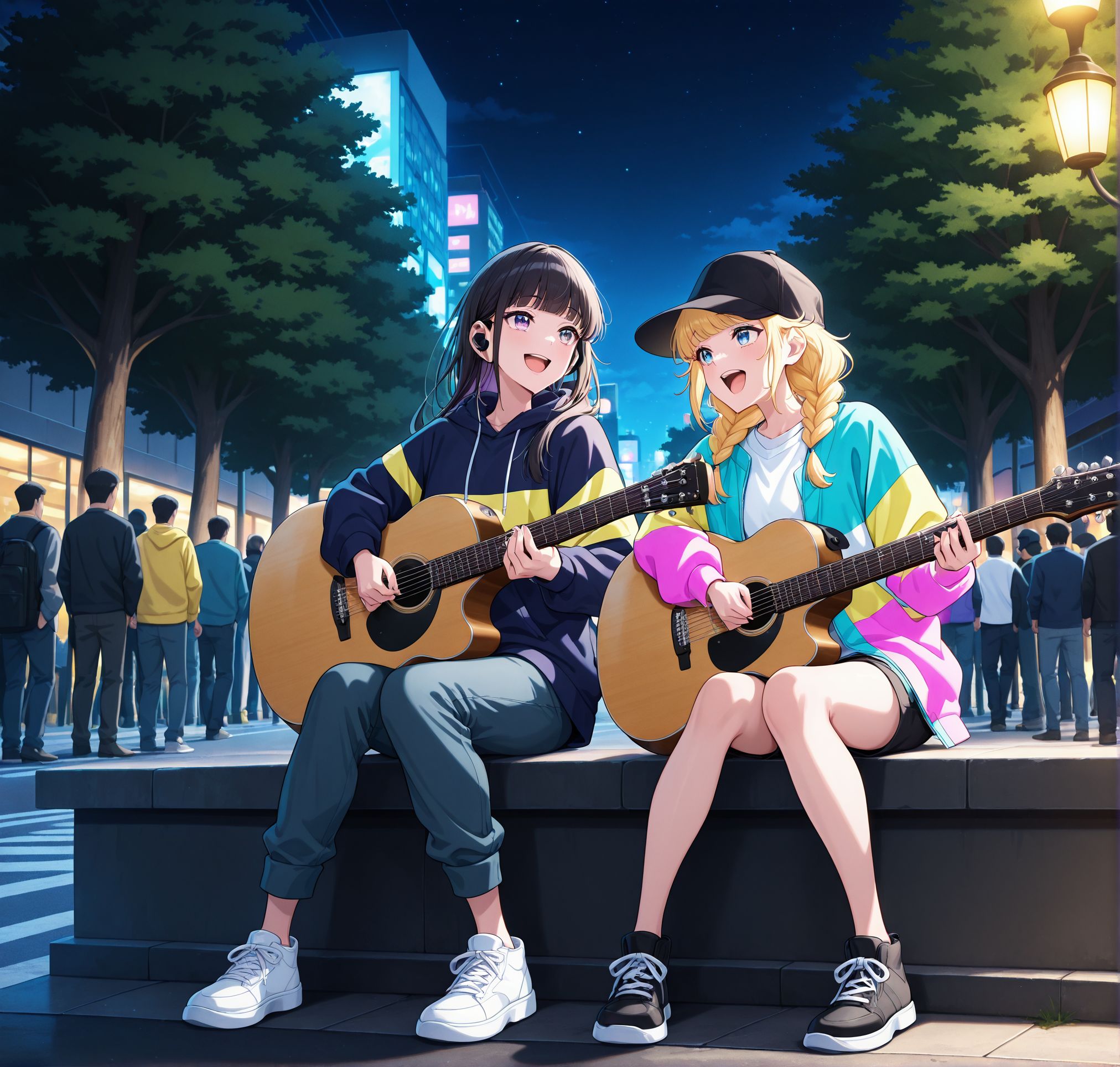 masterpiece,best quality,amazing quality,very aesthetic,absurdres,newest, huge filesize, 
<lora:spo_sdxl_10ep_4k-data_lora_webui:0.5>,anime screenshot, 2d anime,anime coloring, 
<lora:add-detail-xl:1>   paripi koumei, official art, 
2girls, cooperative   singing,holding Guitar,  night,street,  
crowded:1.4. shibuya,listening to music, music, facing another, full body, Street singing, tree, 
many audiences looking they,   park, sitting,  
<lora:Paripi_Koumei_V1:1>
Paripi_KoumeiV1,
Street singing, many audiences,
BREAK
2girls, cooperative   singing,holding Guitar,  night,street,  
crowded:1.4. shibuya,listening to music, music, facing another, full body, Street singing,
many audiences looking they,   park, sitting, 
hat,
long hair,open mouth, light smile, 
black hair,hood,
hoodie,hat,bangs,purple eyes,
blunt bangs,
portrait,hood down,
p_kuon, white shoes,
BREAK
2girls, cooperative   singing,holding Guitar,  night,street,  
crowded:1.4. shibuya,listening to music, music, facing another, full body, Street singing,
many audiences looking they,   park, sitting, 
hat,
twin braids,baseball cap,
shorts,braid,
blue eyes,blonde hair,
jacket,
black shorts,multicolored jacket,
black headwear,
open mouth,shirt,
long hair,
white shirt,shoes,p_eiko,