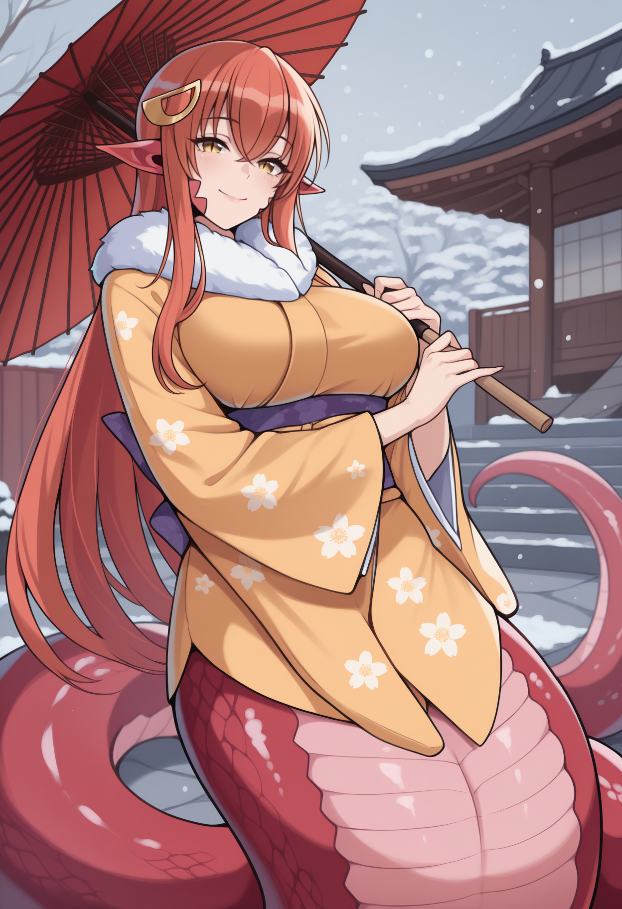 masterpiece, best quality, solo, 1girl, m11a, monster girl, lamia, scales, smile, looking at viewer, holding umbrella, oil-paper umbrella, red hair, hair between eyes, hairclip, pointy ears, yellow eyes, slit pupils, japanese clothes, fur trim, floral print kimono, wide sleeves, large breasts, outdoors, snowing, east asian architecture
<segment:yolo-Anzhc Face seg 640 v2 y8n.pt,0.4,0.5//cid=1>