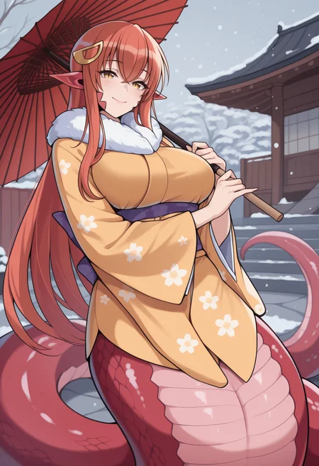masterpiece, best quality, solo, 1girl, m11a, monster girl, lamia, scales, smile, looking at viewer, holding umbrella, oil-paper umbrella, red hair, hair between eyes, hairclip, pointy ears, yellow eyes, slit pupils, japanese clothes, fur trim, floral print kimono, wide sleeves, large breasts, outdoors, snowing, east asian architecture
<segment:yolo-Anzhc Face seg 640 v2 y8n.pt,0.4,0.5//cid=1>