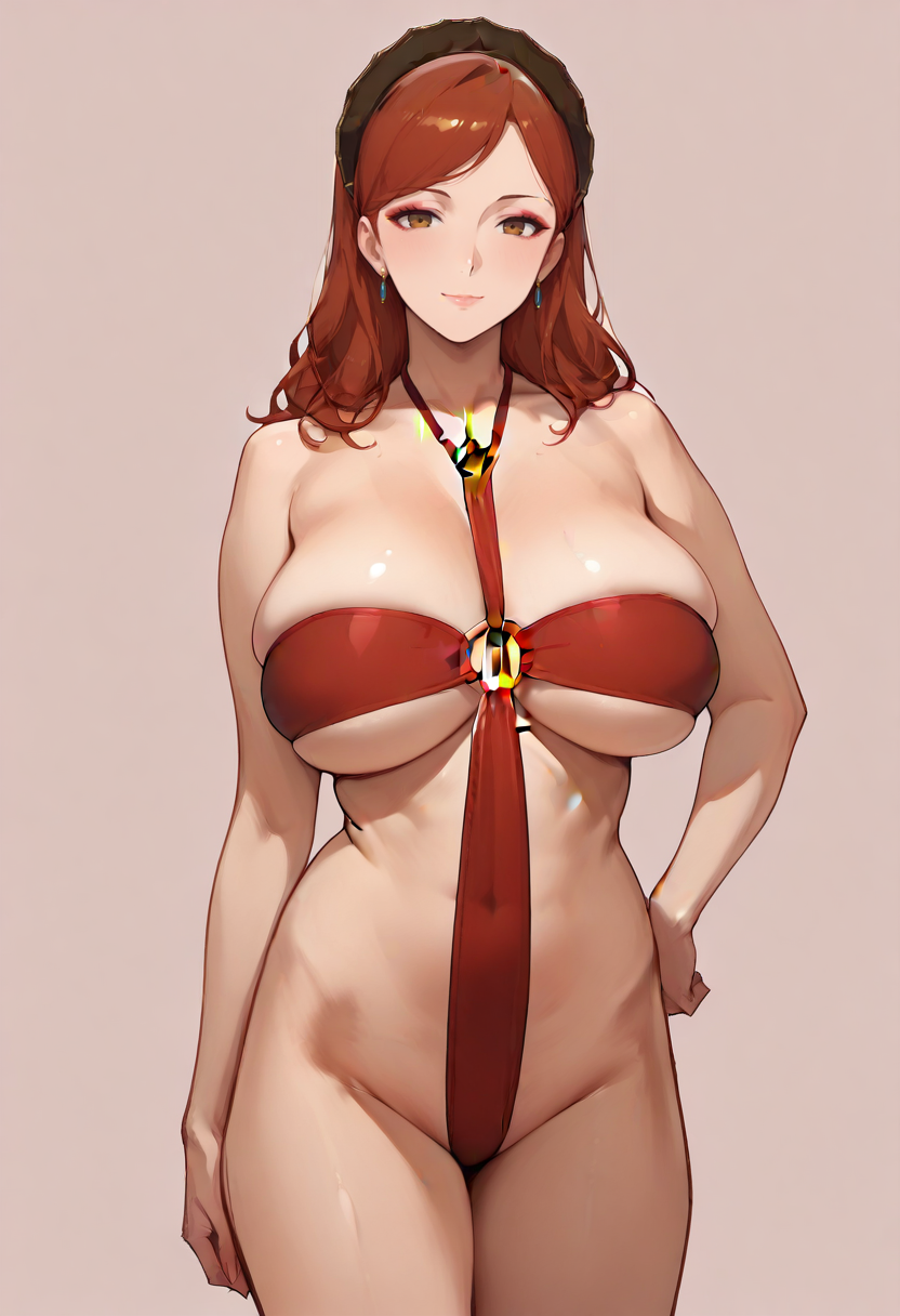 masterpiece, best quality,
1girl, solo, cowboy shot,
standing, hand on own hip,
looking at viewer, light smile,
<lora:Hilda_Boreas_Greyrat:1> H1ld4B0r34sGr31r4t, red hair, long hair, brown eyes, makeup, large breasts, mature female, 
<lora:Cross_Swimsuit:1> Cr055_5w1ms01t, o-ring swimsuit, skindentation, 
simple background, pink background,