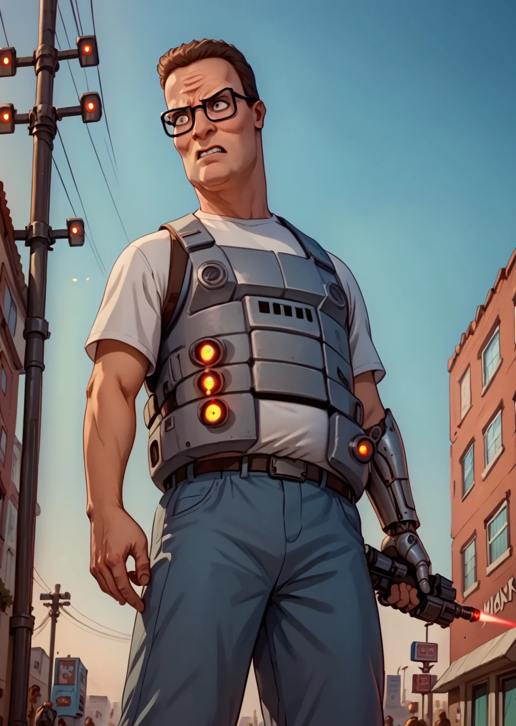 score_9, score_8_up, score_7_up, Hank Hill, glasses, robotic armor, future, sci-fi, laser rifle, sci-fi city, propane tank, solo, angry, low angle, movie poster, <lora:Hank_Hill:1>