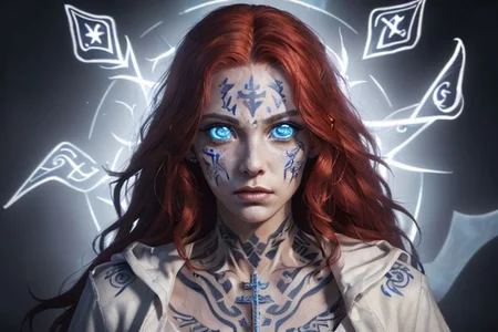 bright red hair, human female, (feminine:1.7), (beautiful face, detailed face:1.6), (beautiful eyes, detailed eyes:1.7), (looking at viewer, eye contact, intense:1.6), (long hair, red hair, curly hair:1.3), , ((masterpiece, best quality, high resolution, realistic, best quality,)), photo realistic, Perfect Face, (detailed face). <lora:GoodHands-vanilla:0.6> <lora:add-detail-xl:0.8>, mage, (Dress White military uniform coat), dagger, rune dagger, glowing runes, , (((glowing magic symbols tattoos, religious tattoos))), ((face tattoos)), glowing tattoos, stone tower in the background