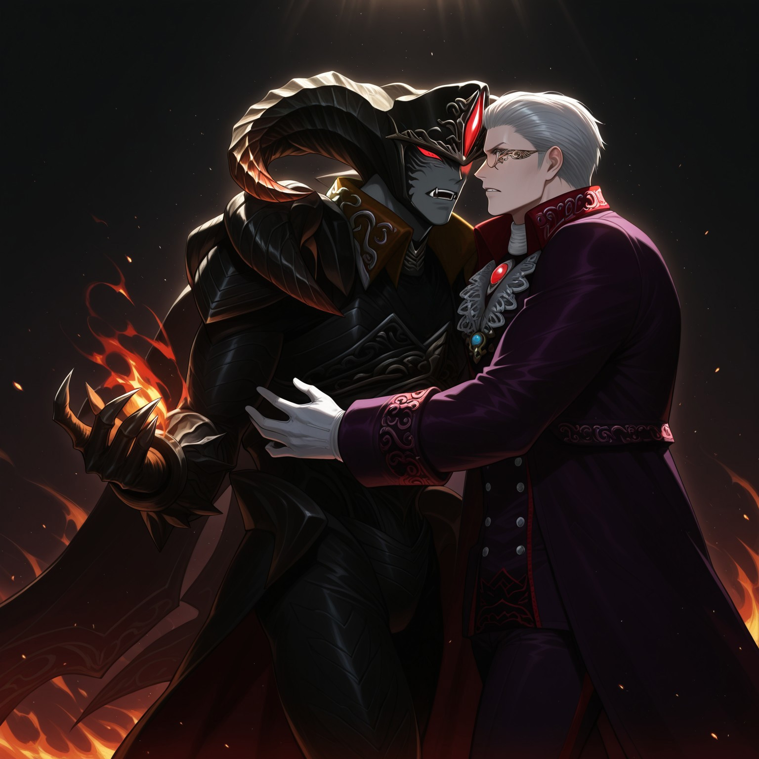 ((2boys)), 1boy, 1monster, action pose, fighting, monster behind, fire, glow, red aura, posing, cinematic lighting, luminous background
BREAK, ((Sparda, white hair, short hair, grey eyes, monocle,purple coat, brooch, white gloves, pants,))
BREAK, ((TrueSparda, Devil Trigger, monster form, monster, demon, horns, grey skin, red eyes, fangs, clawed hands, black armor,))