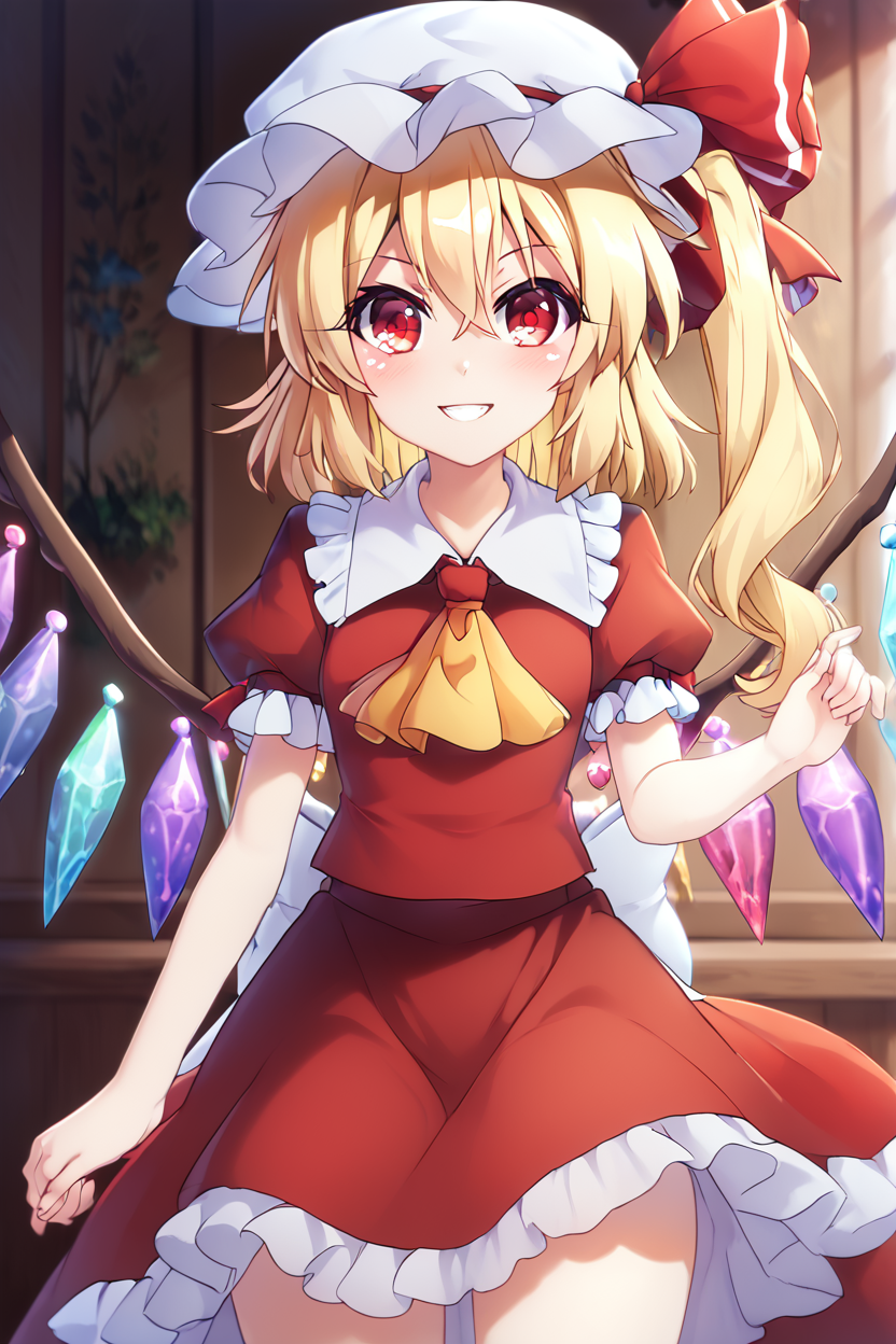 score_9, score_8_up, score_8, medium breasts, (curvy), cute, eyelashes,       BREAK, ,  ,,,  zzFlandre, red eyes, blonde hair, one side up, hair between eyes,  wings, ascot, red skirt, hat ribbon, short sleeves, puffy sleeves, mob cap, red shirt,  <lora:FlandreTouhou_PDXL:0.8>,   ,,, , BREAK, smile, looking at viewer, cowboy shot, ,,, embedding:zPDXL, Expressiveh, ,,, <lora:PrismaIllya_PDXL_v3:1.0>, <lora:SDXLFaeTastic2400:0.5>, <lora:Expressive_H-000001:0.4>,