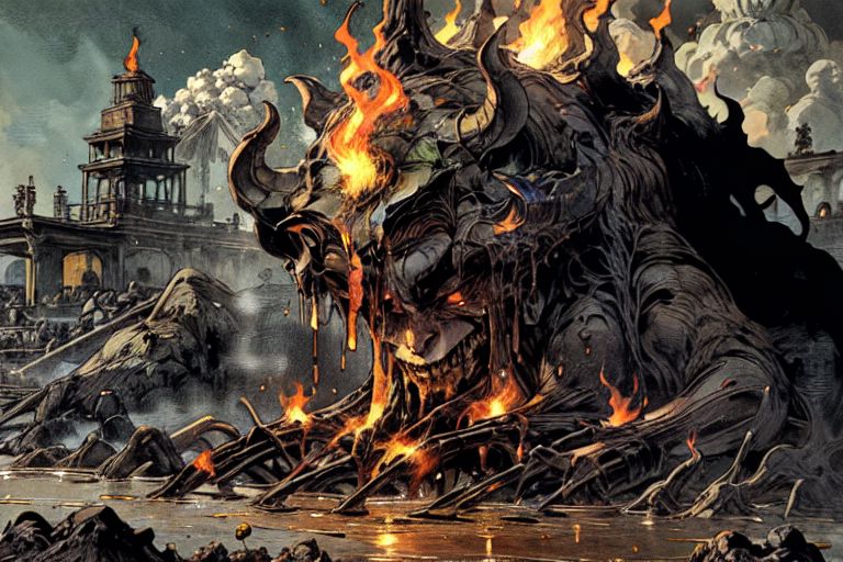 (masterpiece:1), (best quality:1), LavaMecha, Pompeii, volcanic eruption, (fire, brimstone:1.2)