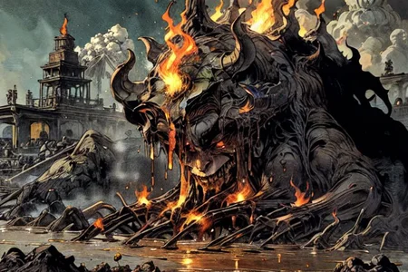 (masterpiece:1), (best quality:1), LavaMecha, Pompeii, volcanic eruption, (fire, brimstone:1.2)