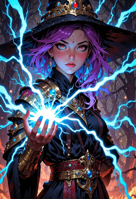 Image is an extreme close up digital fantasy artwork featuring a female mage character practicing  lighting magic. She has pale skin with bright purple hair with blue highlights. Her red eyes sparking with lightning magic. She's wearing a beautifully designed robe with a large witches hat. Her hands is a bolt of lightning. The background is of a dark field, charred forest, barren land.