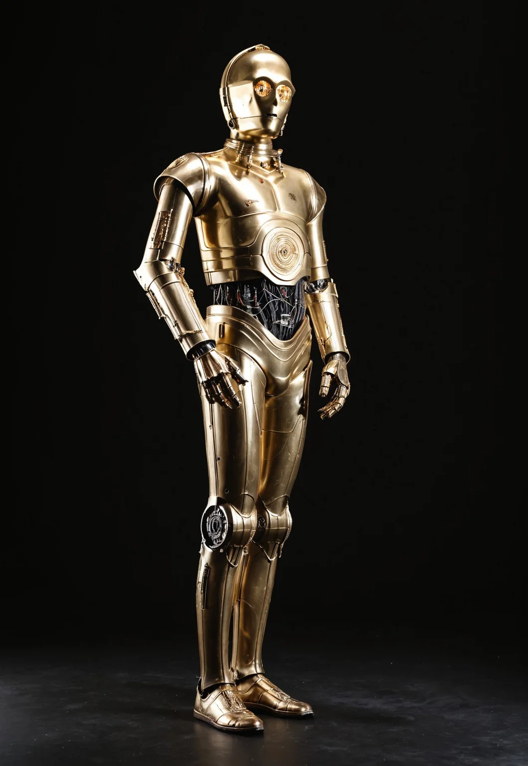 score_9_up, score_8_up, score_7_up, realism,
1boy, c3po, android, robot male, golden metallic skin, golden eyes, black midriff with wiring, one silver leg, solo,standing, arms wide, curious looking at viewer, standing, full body, front view,
indoor, in a photostudio, black walls, day time, best quality, dynamic pose, masterpiece, natural lighting, lots of details, high resolution, 8K, colorful, dynamic shot, black background,