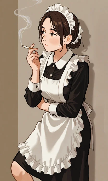 0waxio, maid, mature woman, cigarette smoking