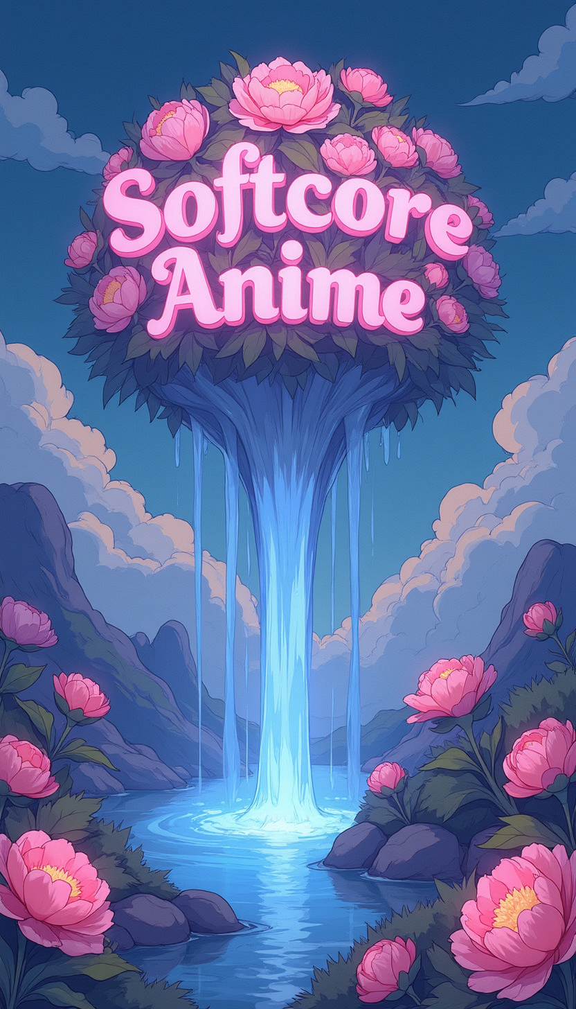 A high-quality, whimsical digital artwork in the style of pinksoftcoreanime, (with text 'Softcore Anime':1.1),
"A dreamlike garden floating in the sky, filled with luminous flowers and cascading waterfalls of light. The petals of the flowers softly glow, spelling out 'Softcore Anime' in a mesmerizing, otherworldly pattern."