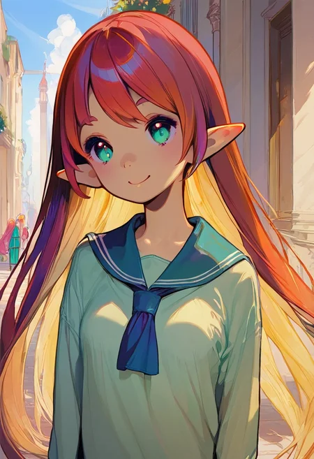 ((masterpiece,best quality)), absurdres, BREAK, score_9, score_8_up, score_7_up, score_6_up, 8k, hires,1girl, beautiful girl, kawaii girl, cute face, pose, high contrast, dramatic shadows, highly detailed, detailed skin, depth of field, shadows, hair bangs, very long hair, red hair, twin tails, blue ribbons, small breasts, young, petite, elf, smiling, sailor uniform, aqua eyes, green school uniform, hallway, school, <lora:add-detail-xl:3>